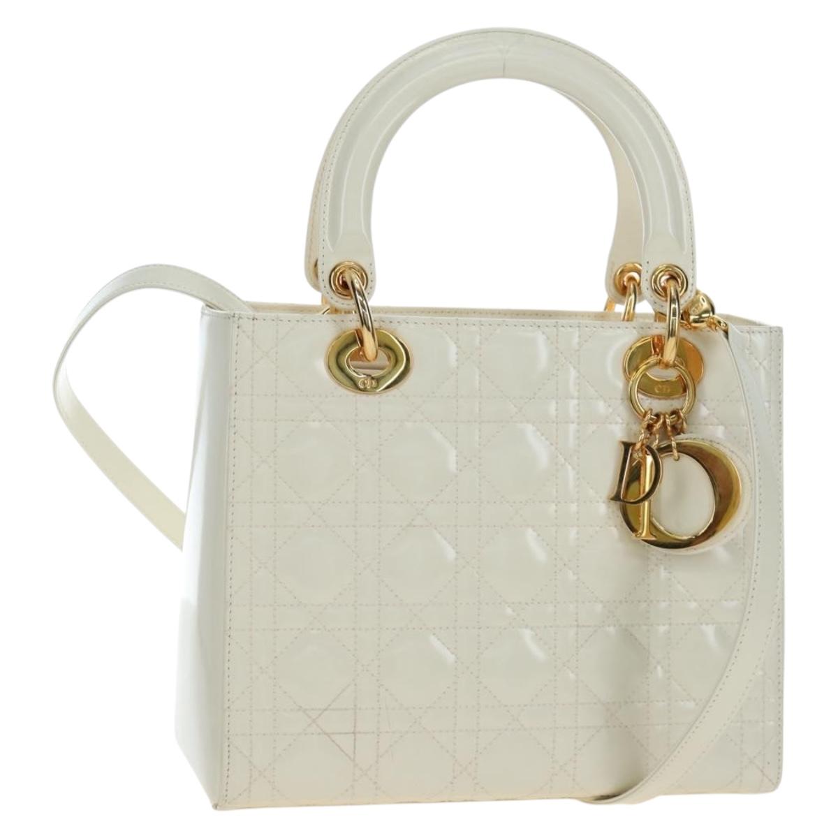 Christian Dior Lady Dior Hand Bag Patent 2way Ivory Gold Tone Auth BA14602M