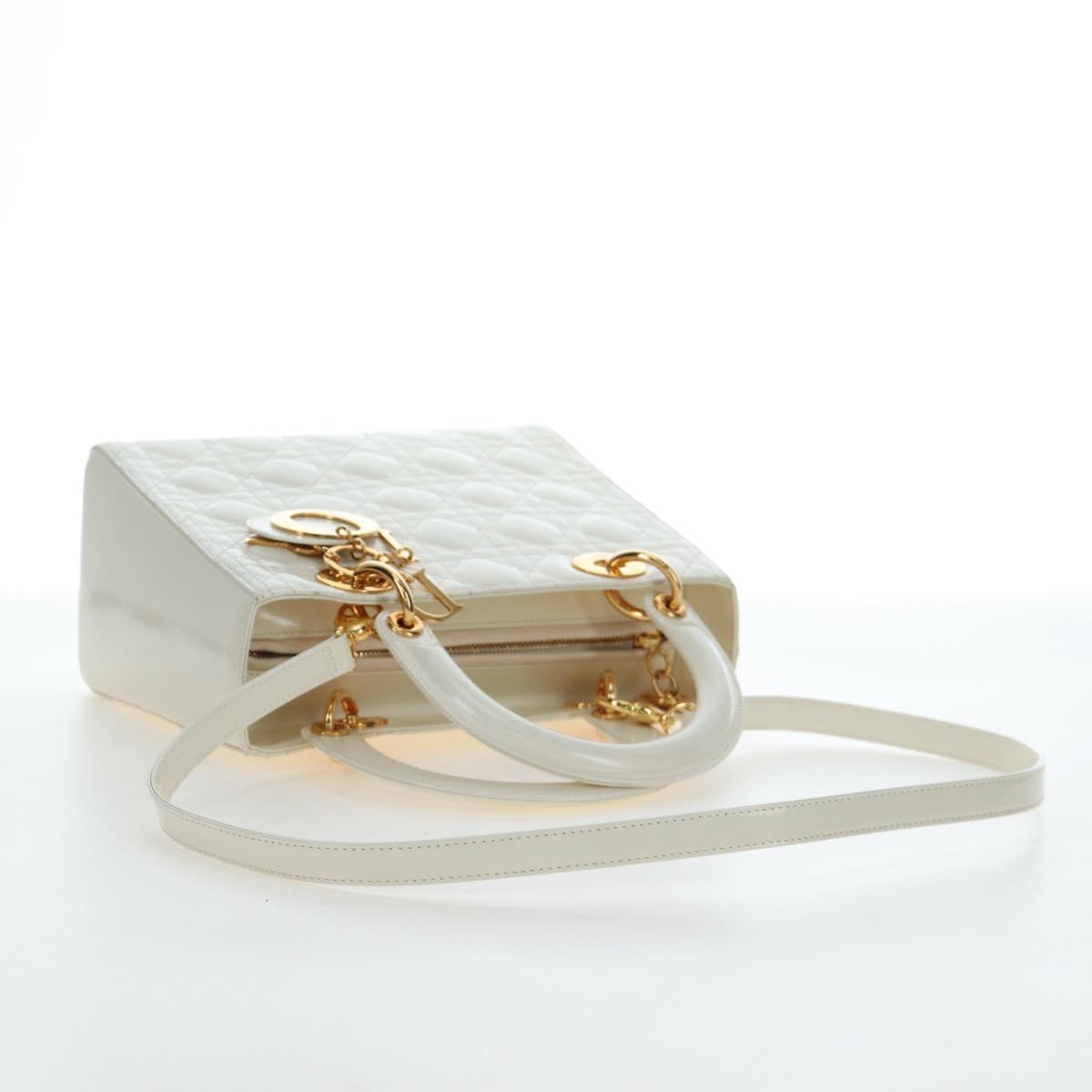 Christian Dior Lady Dior Hand Bag Patent 2way Ivory Gold Tone Auth BA14602M