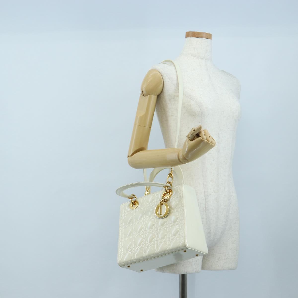 Christian Dior Lady Dior Hand Bag Patent 2way Ivory Gold Tone Auth BA14602M
