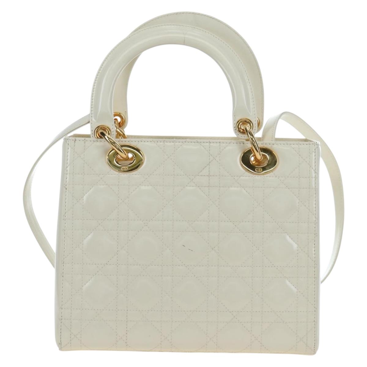 Christian Dior Lady Dior Hand Bag Patent 2way Ivory Gold Tone Auth BA14602M