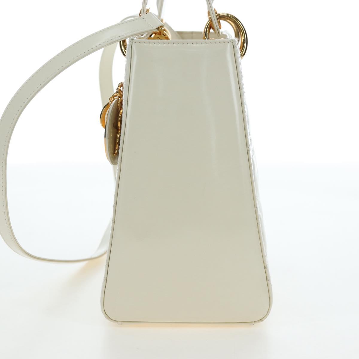 Christian Dior Lady Dior Hand Bag Patent 2way Ivory Gold Tone Auth BA14602M