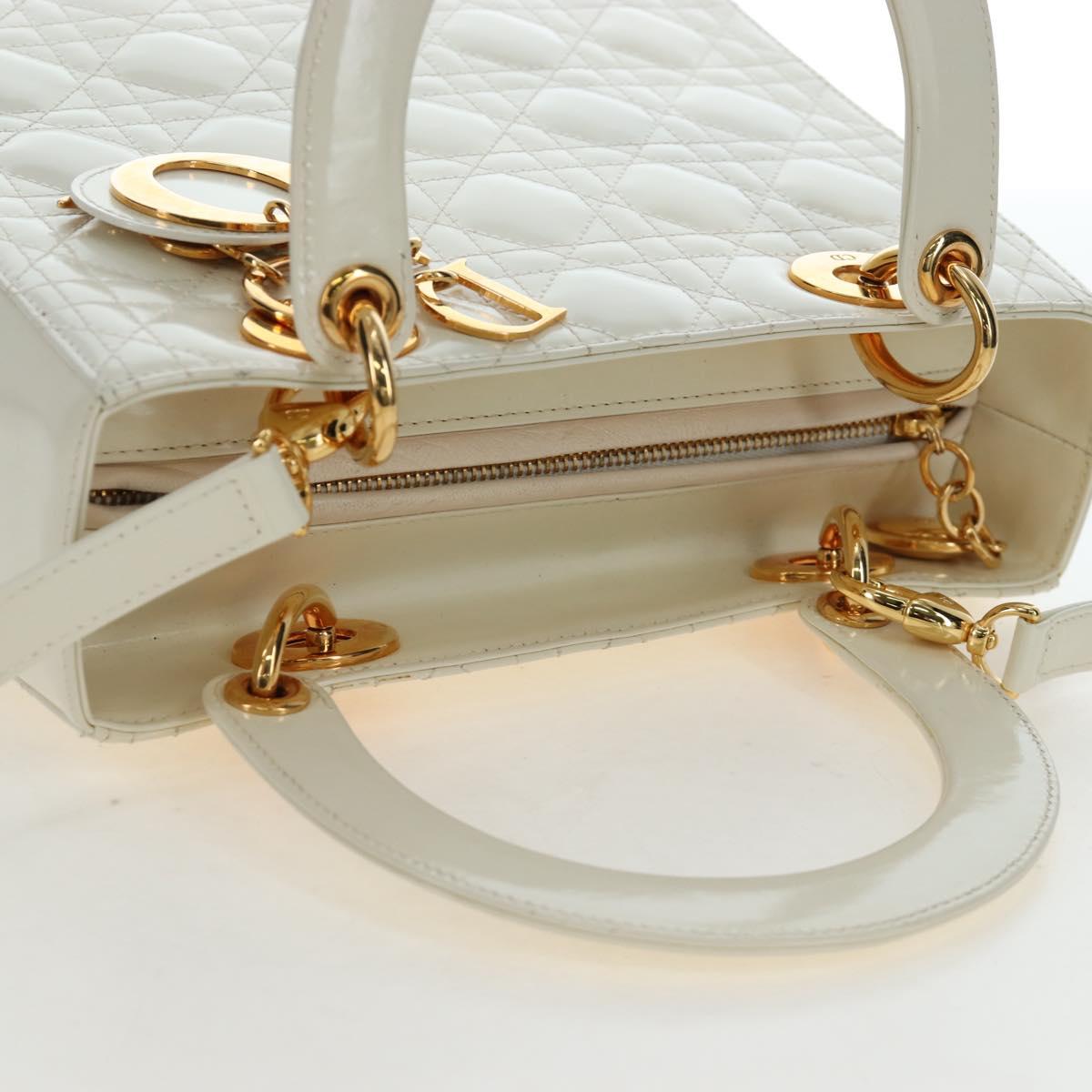 Christian Dior Lady Dior Hand Bag Patent 2way Ivory Gold Tone Auth BA14602M