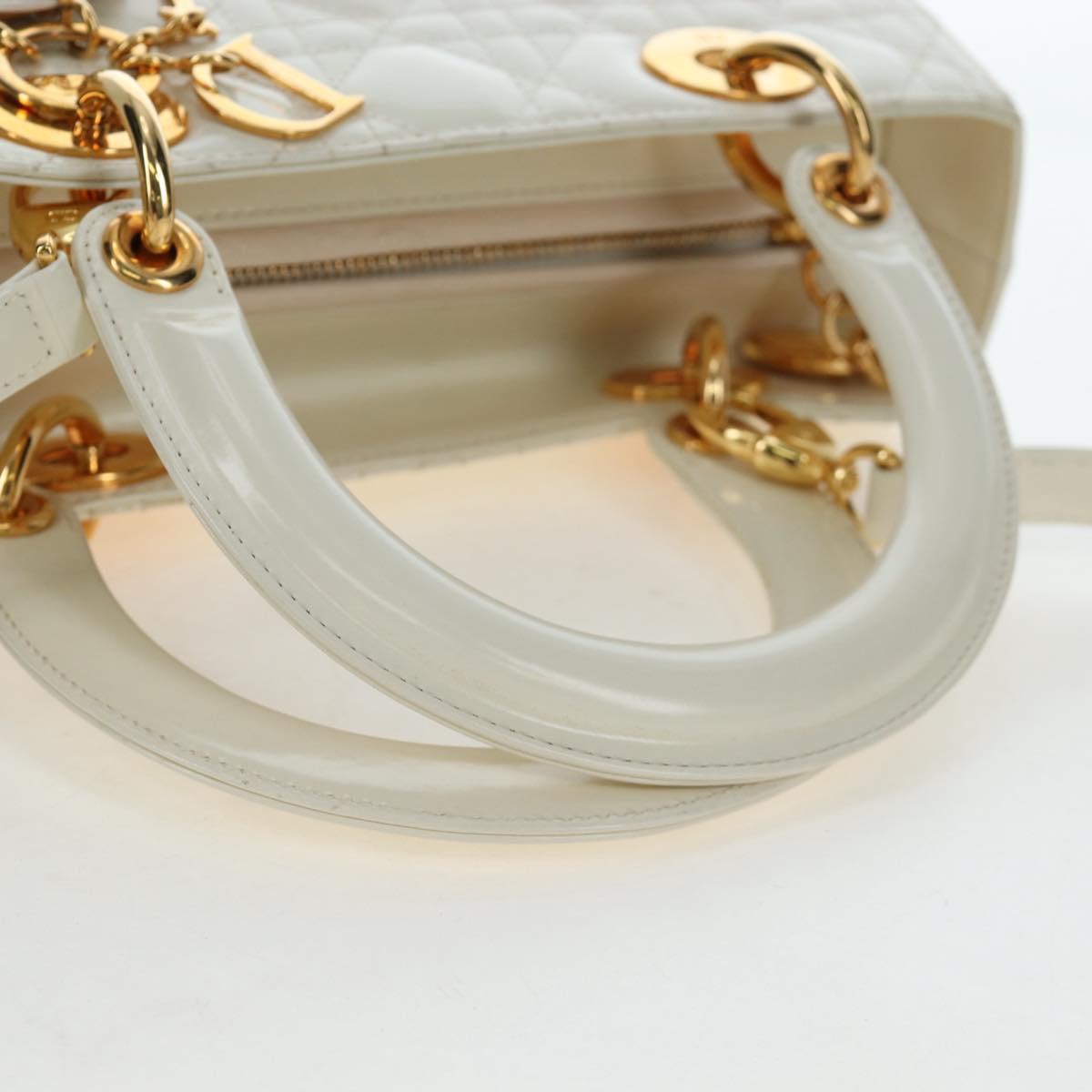 Christian Dior Lady Dior Hand Bag Patent 2way Ivory Gold Tone Auth BA14602M