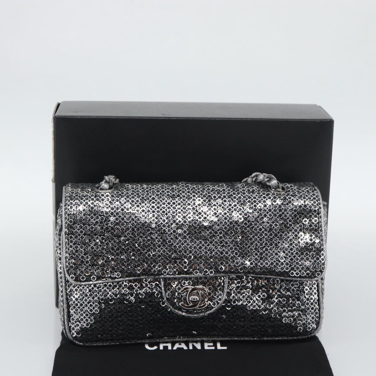 CHANEL Matelasse 25 Chain Shoulder Bag Sequin Silver CC Auth BA14607SM