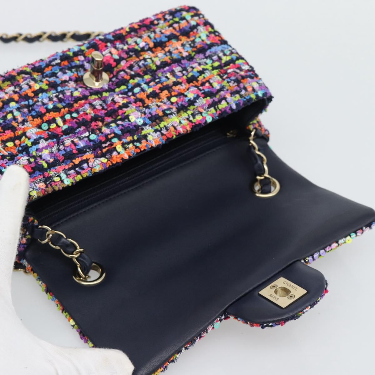 CHANEL Matelasse 20 Chain Shoulder Bag Tweed Multicolor Gold CC Auth BA14608SM