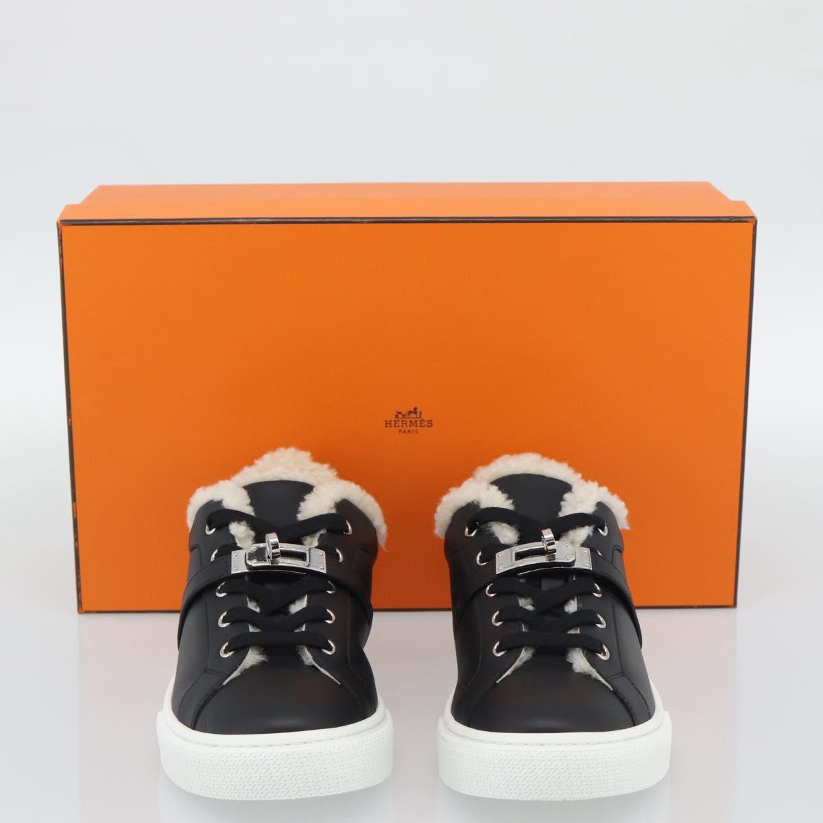 HERMES Day Kelly Buckle Sneakers Leather Black White Auth BA14611SAM