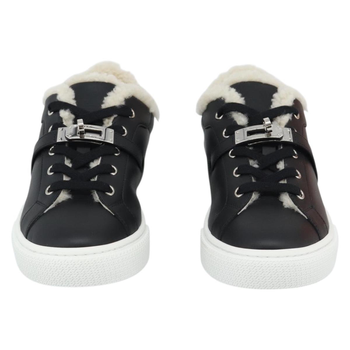 HERMES Day Kelly Buckle Sneakers Leather Black White Auth BA14611SAM