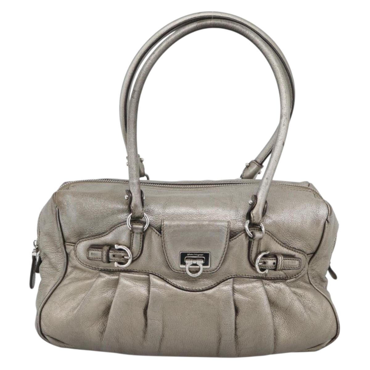 Salvatore Ferragamo Gancini Hand Bag Leather Champagne Gold Silver Auth BA14633A