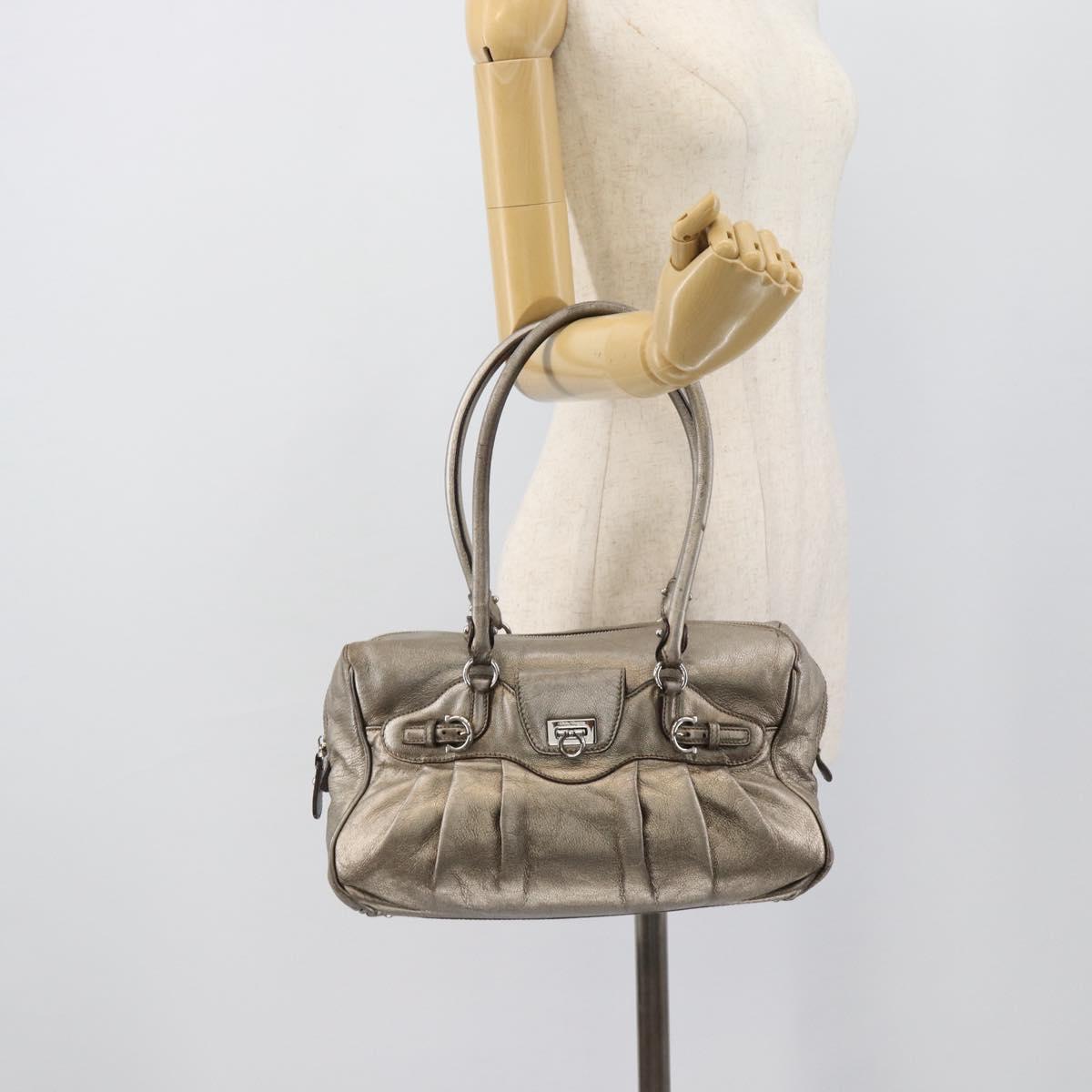 Salvatore Ferragamo Gancini Hand Bag Leather Champagne Gold Silver Auth BA14633A