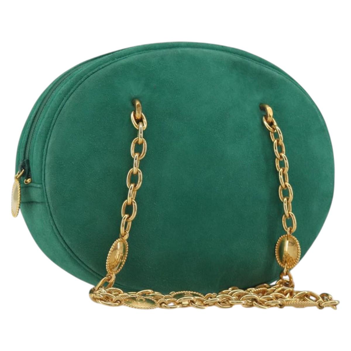 Christian Dior Chain Shoulder Bag Suede Green Gold Tone Auth BA14634V
