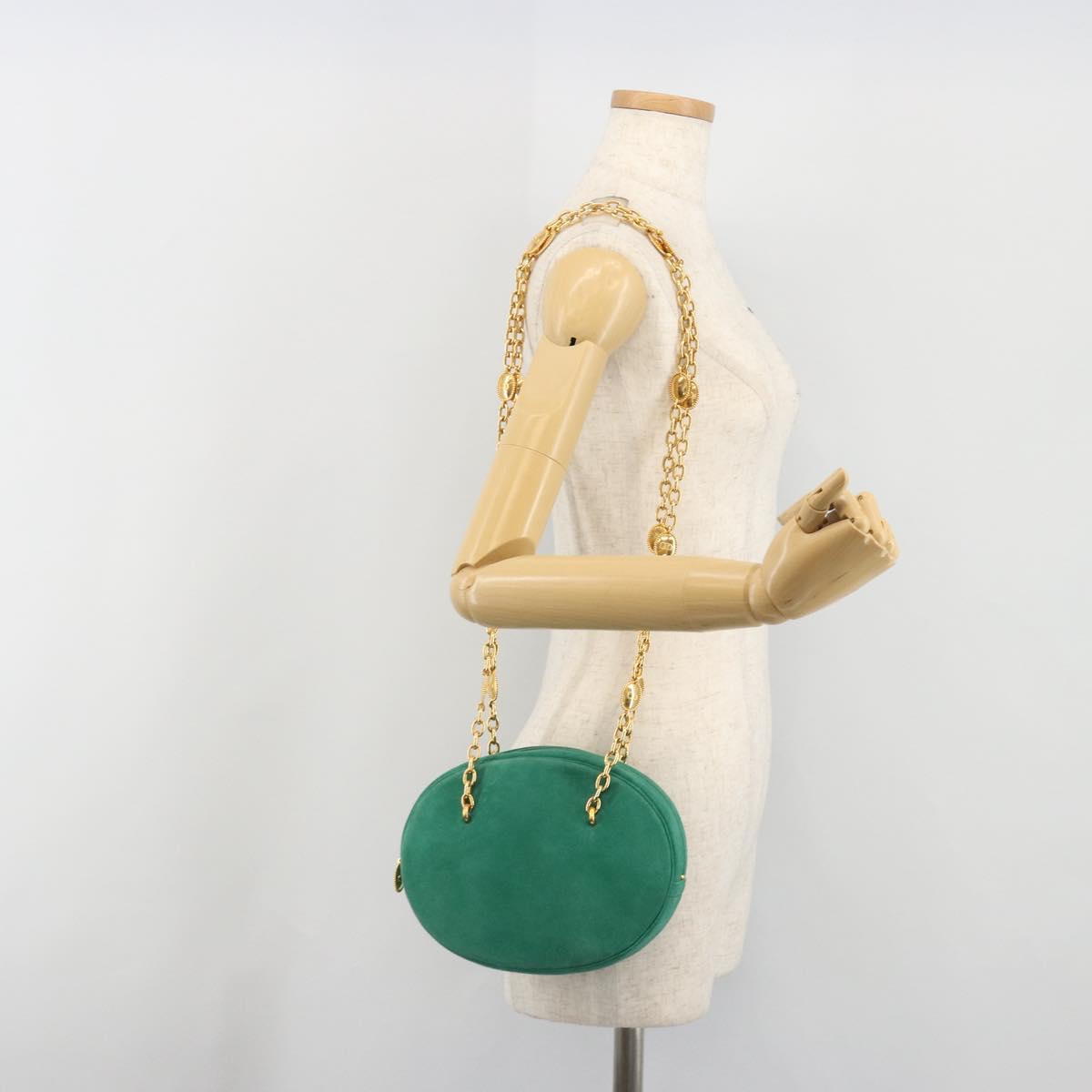 Christian Dior Chain Shoulder Bag Suede Green Gold Tone Auth BA14634V