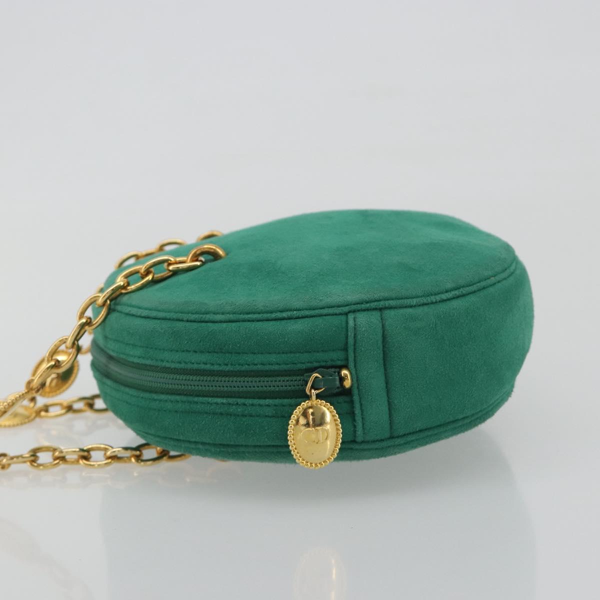 Christian Dior Chain Shoulder Bag Suede Green Gold Tone Auth BA14634V