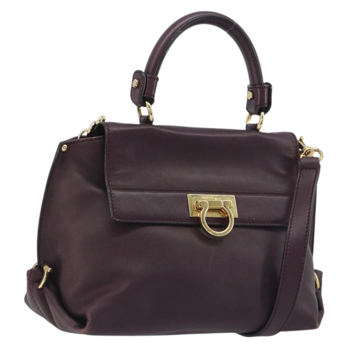 Salvatore Ferragamo Gancini Hand Bag Leather 2way Purple Gold Tone Auth BA14650A