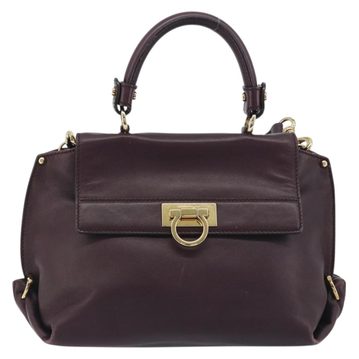 Salvatore Ferragamo Gancini Hand Bag Leather 2way Purple Gold Tone Auth BA14650A