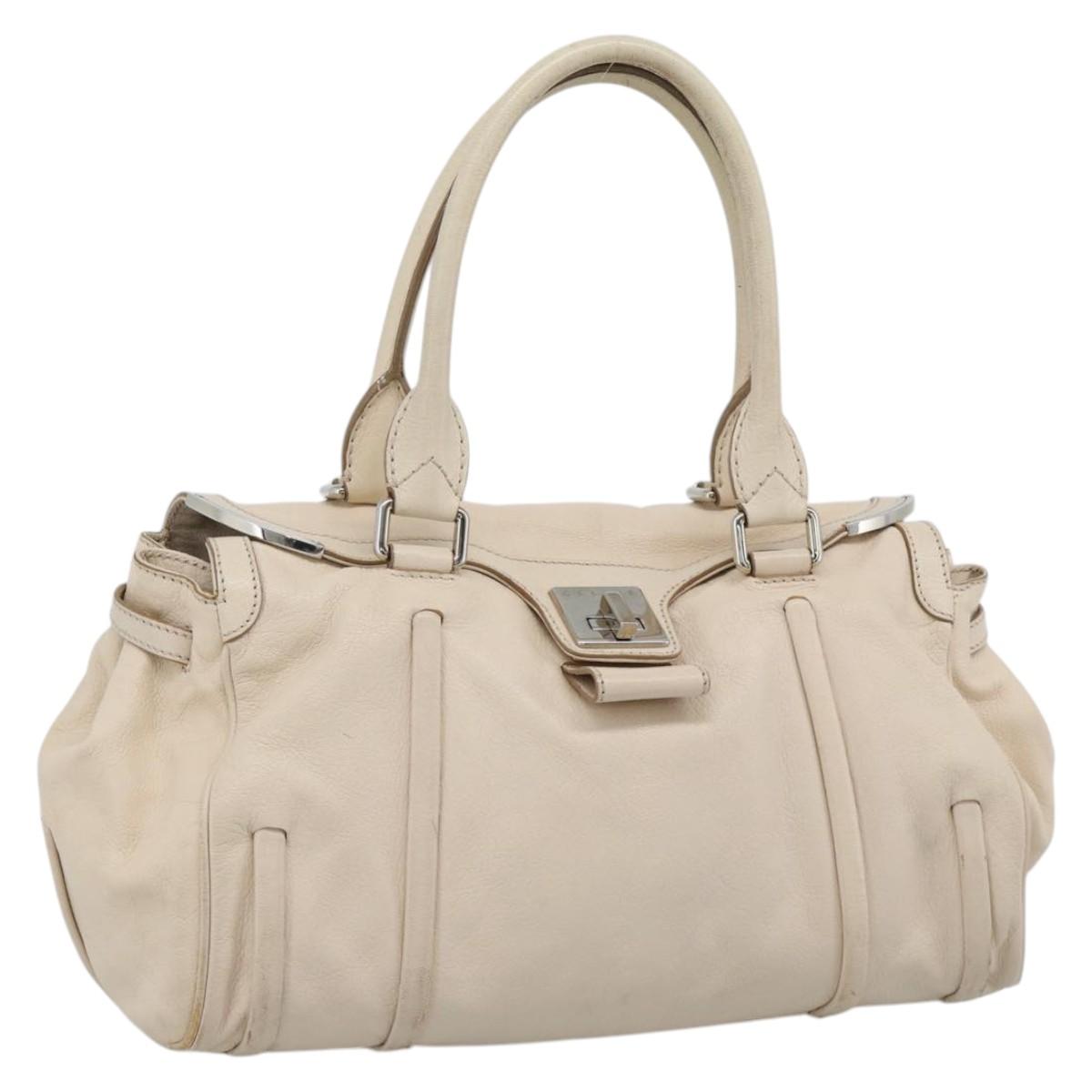 CELINE Hand Bag Leather Ivory Silver Auth BA14651