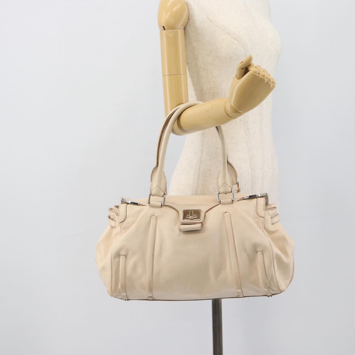 CELINE Hand Bag Leather Ivory Silver Auth BA14651