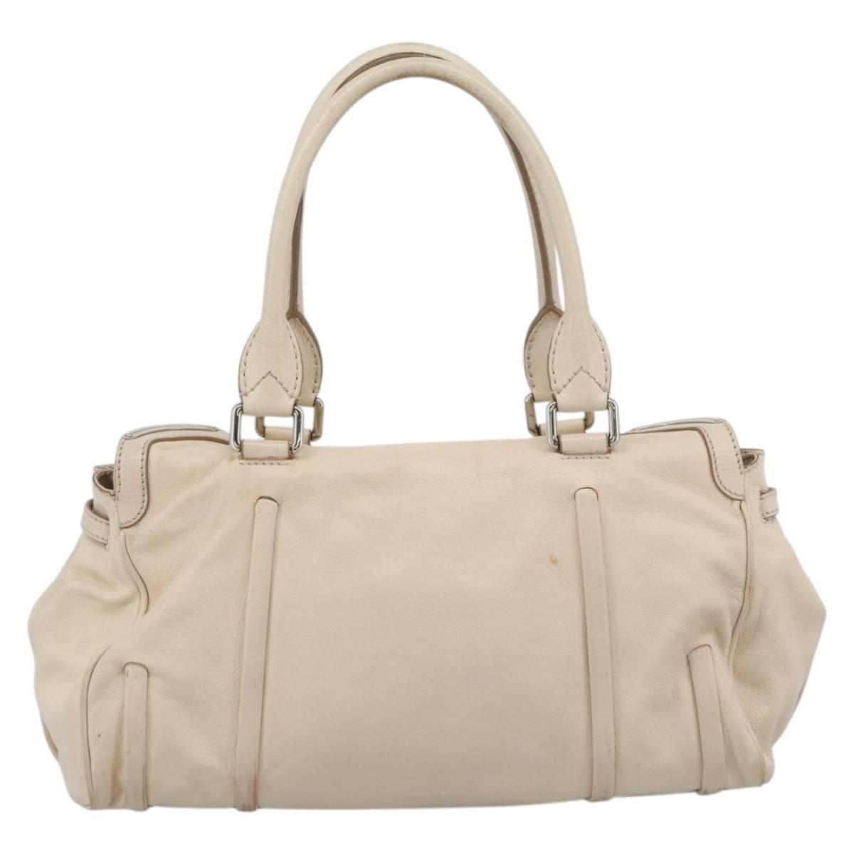 CELINE Hand Bag Leather Ivory Silver Auth BA14651