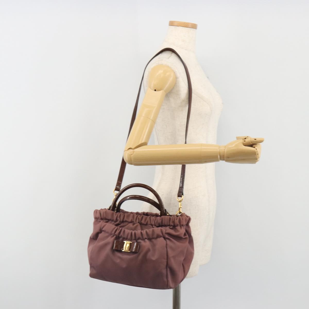 Salvatore Ferragamo Vala Hand Bag Nylon 2way Brown Gold Tone Auth BA14653