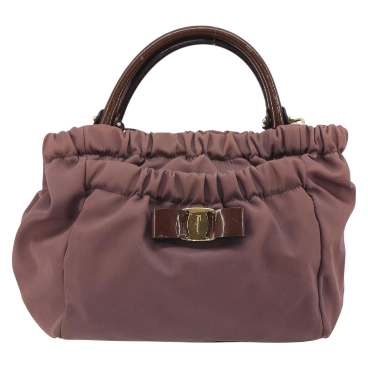 Salvatore Ferragamo Vala Hand Bag Nylon 2way Brown Gold Tone Auth BA14653