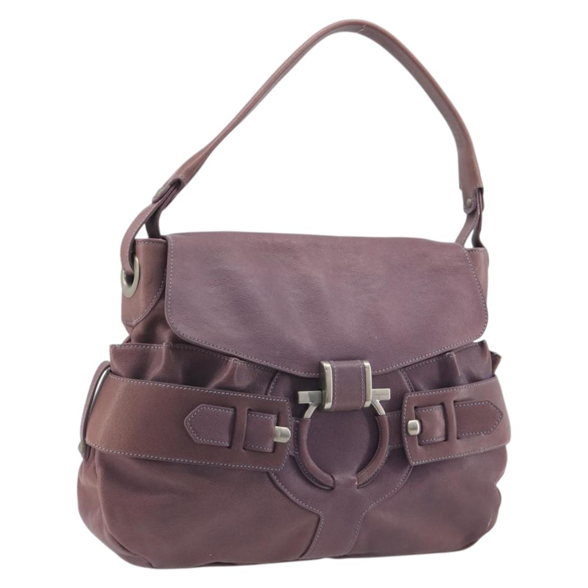 Salvatore Ferragamo Gancini Shoulder Bag Leather Purple Silver Auth BA14654
