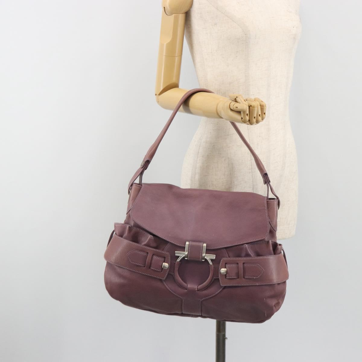 Salvatore Ferragamo Gancini Shoulder Bag Leather Purple Silver Auth BA14654