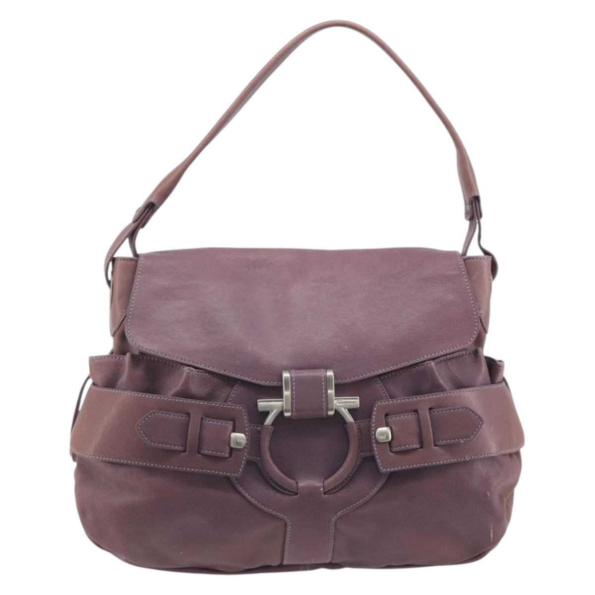Salvatore Ferragamo Gancini Shoulder Bag Leather Purple Silver Auth BA14654