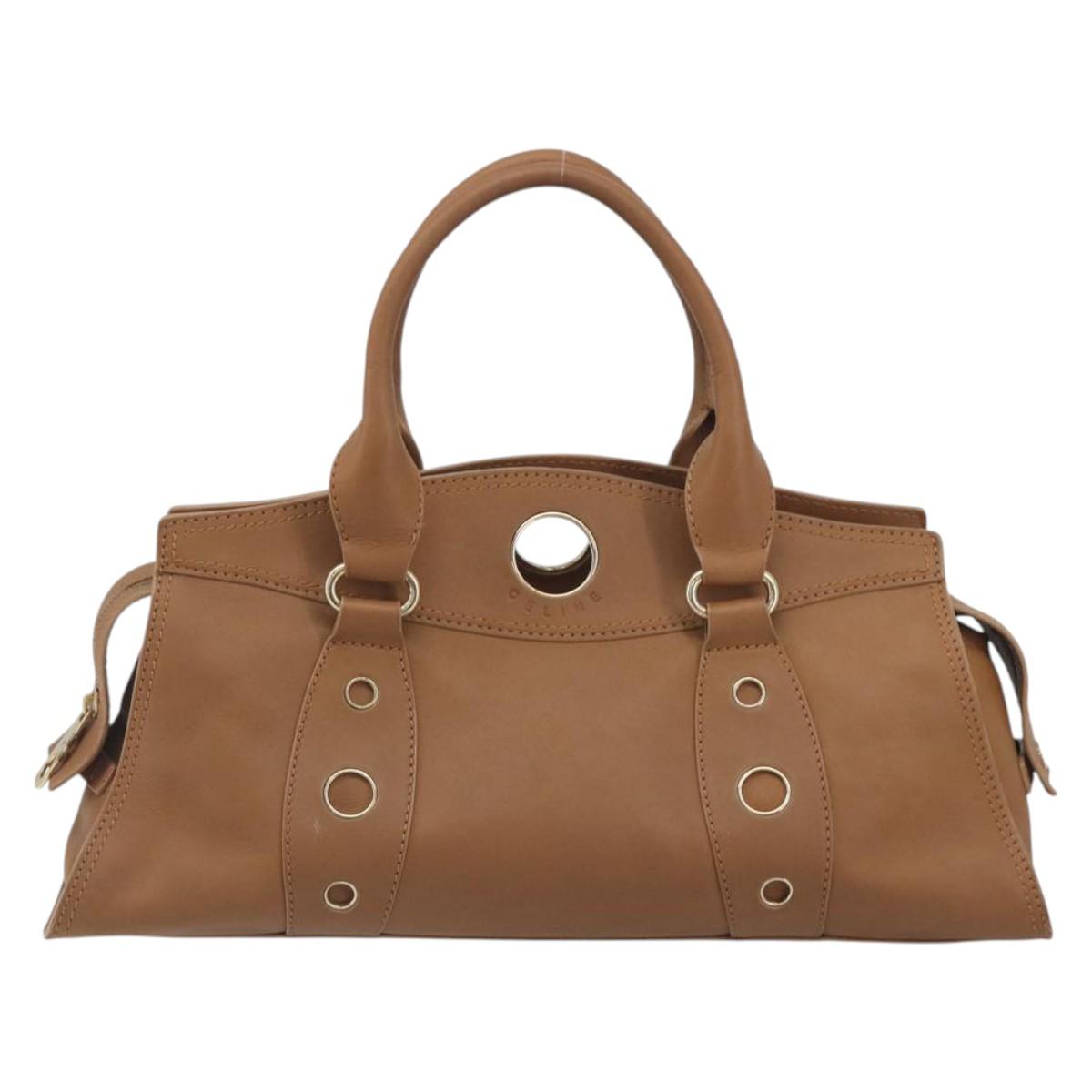 CELINE Hand Bag Leather Brown Gold Tone Auth BA14681V