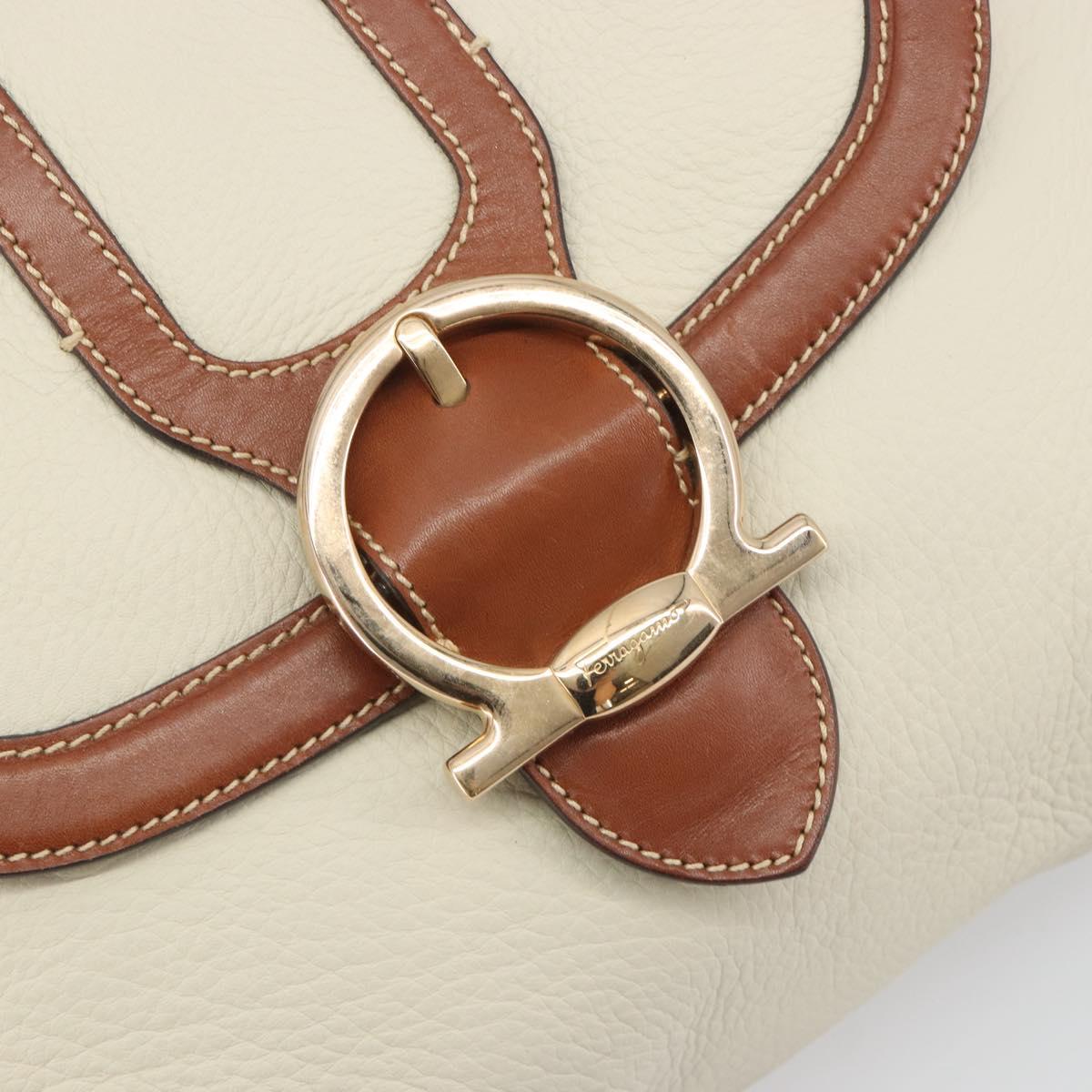 Salvatore Ferragamo Gancini Shoulder Bag Leather White Gold Tone Auth BA14684