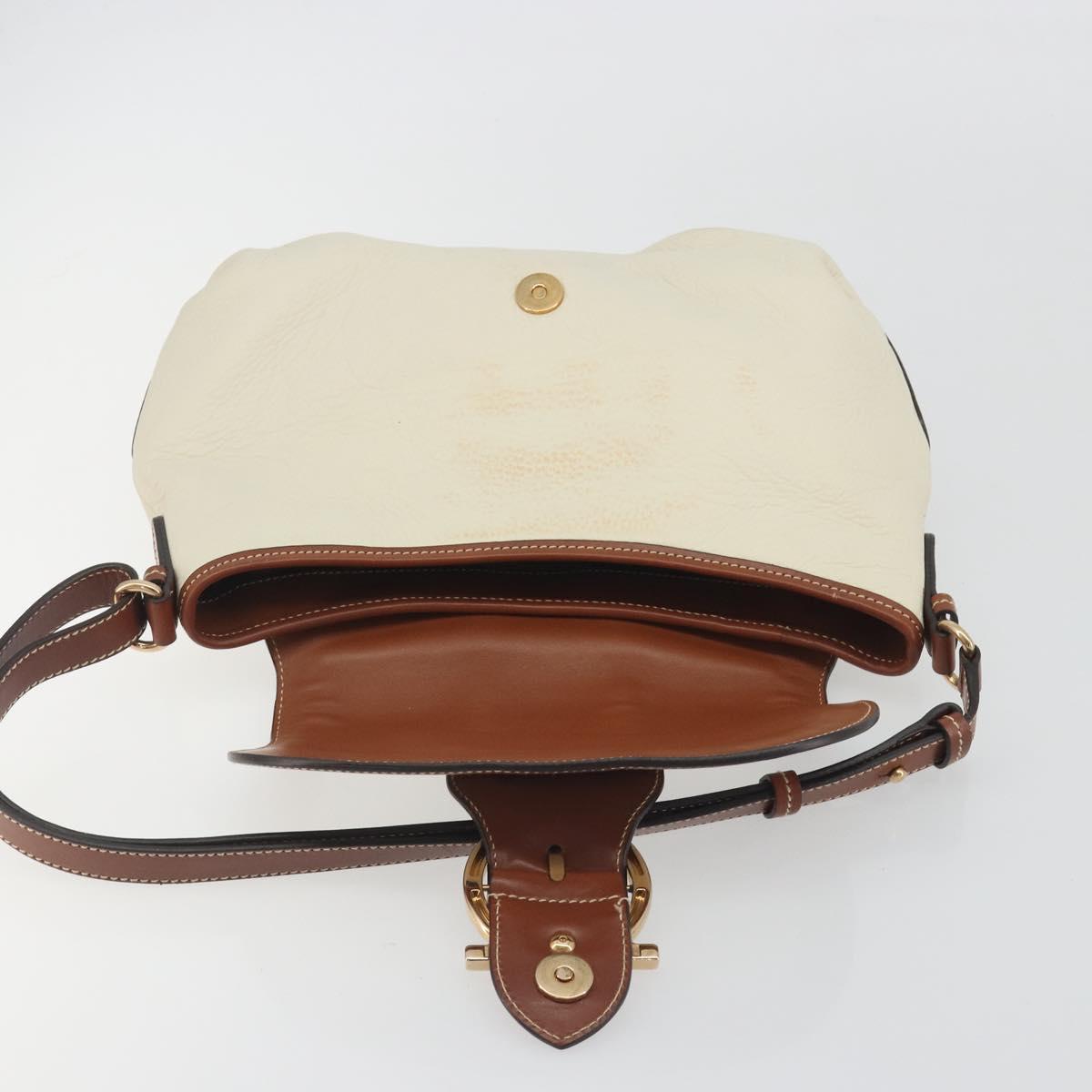Salvatore Ferragamo Gancini Shoulder Bag Leather White Gold Tone Auth BA14684
