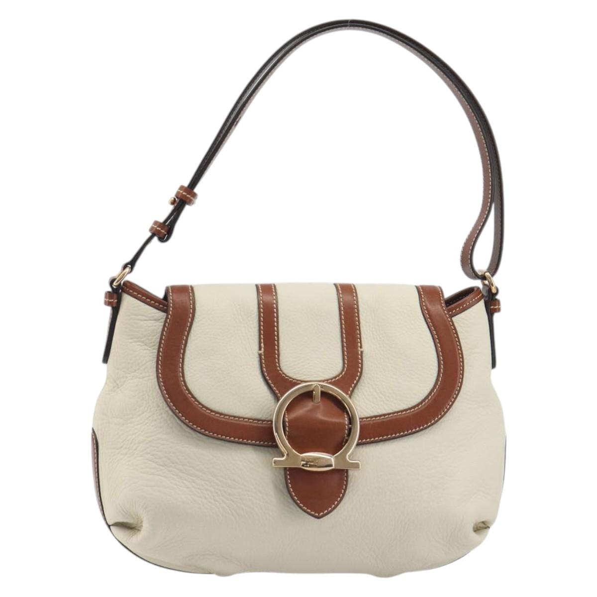 Salvatore Ferragamo Gancini Shoulder Bag Leather White Gold Tone Auth BA14684