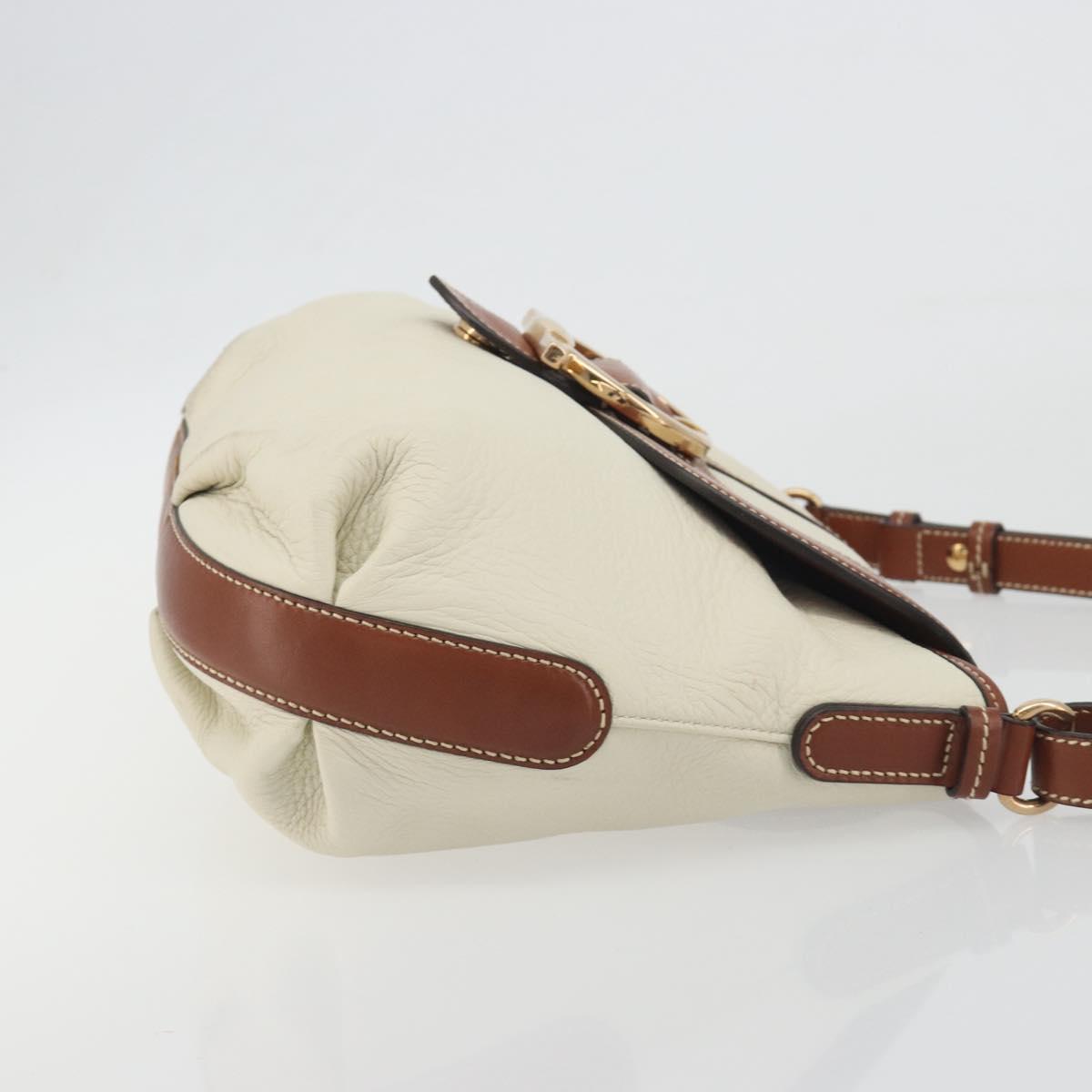 Salvatore Ferragamo Gancini Shoulder Bag Leather White Gold Tone Auth BA14684