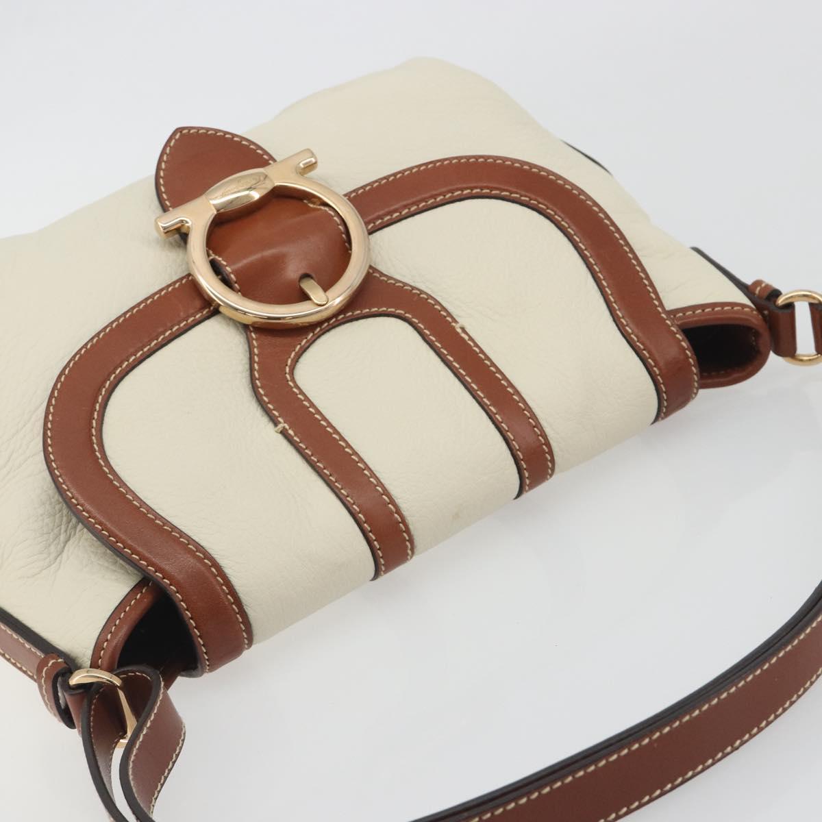 Salvatore Ferragamo Gancini Shoulder Bag Leather White Gold Tone Auth BA14684
