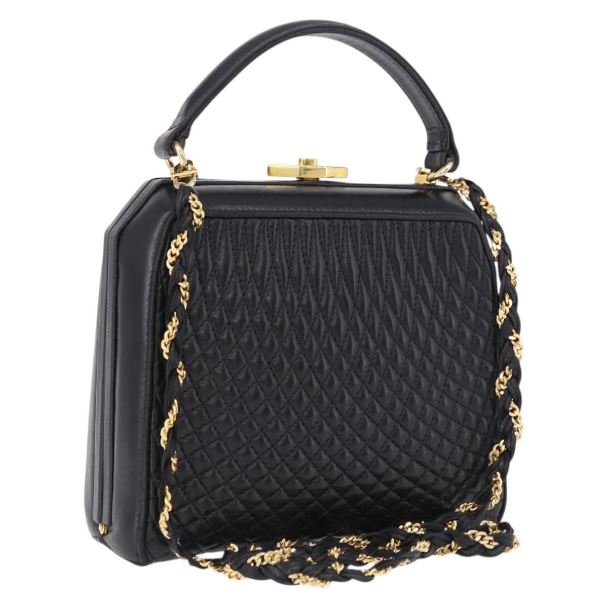 BALLY Hand Bag Leather 2way Black Gold Tone Auth BA14687A