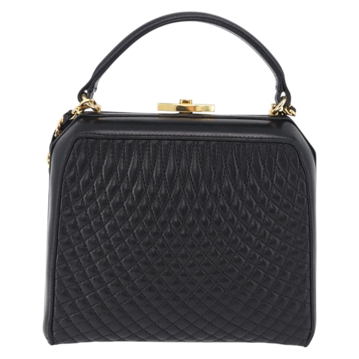 BALLY Hand Bag Leather 2way Black Gold Tone Auth BA14687A