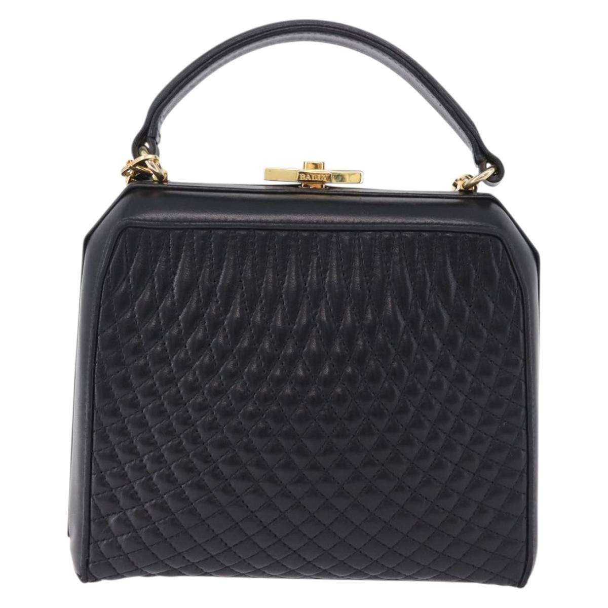 BALLY Hand Bag Leather 2way Black Gold Tone Auth BA14687A