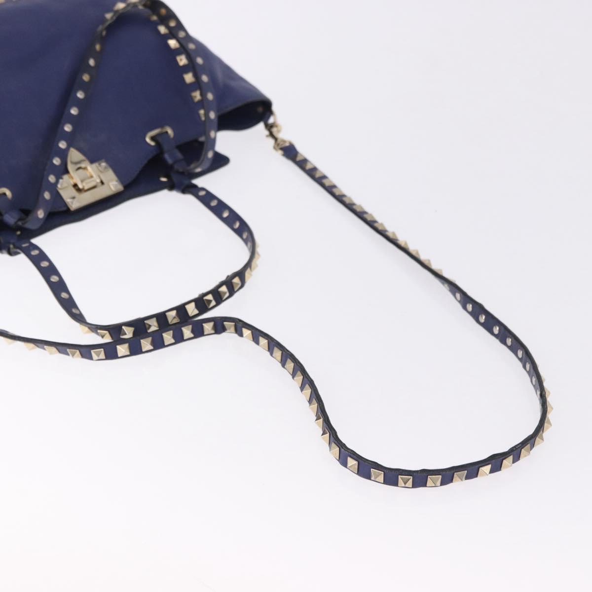 VALENTINO Studs Tote Bag Leather 2way Blue Gold Tone Auth BA14688