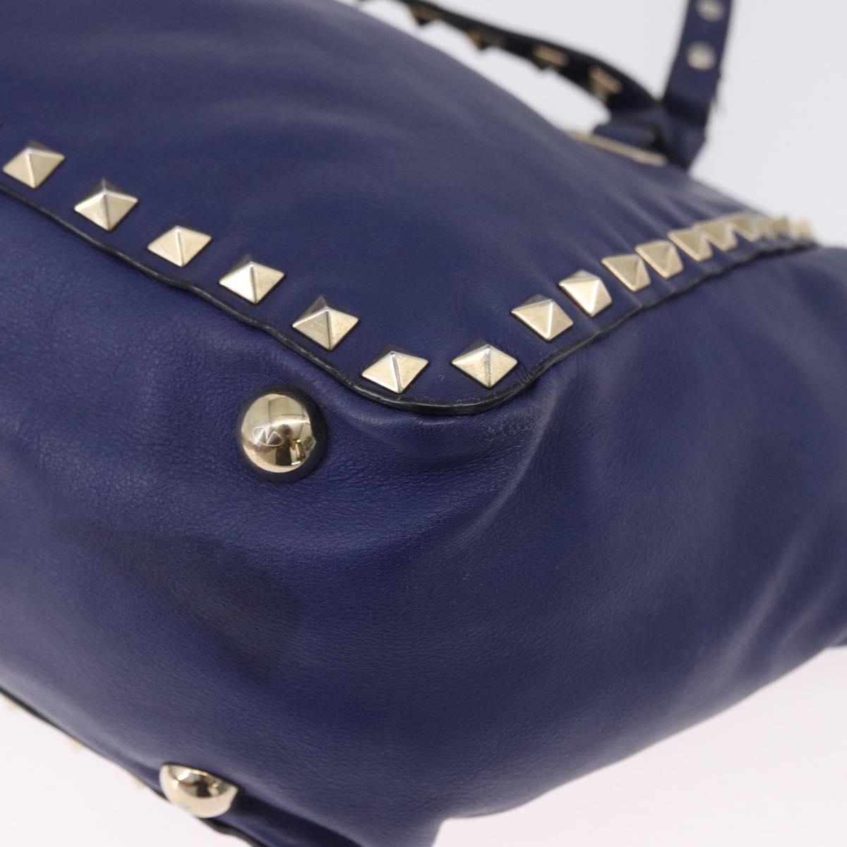 VALENTINO Studs Tote Bag Leather 2way Blue Gold Tone Auth BA14688