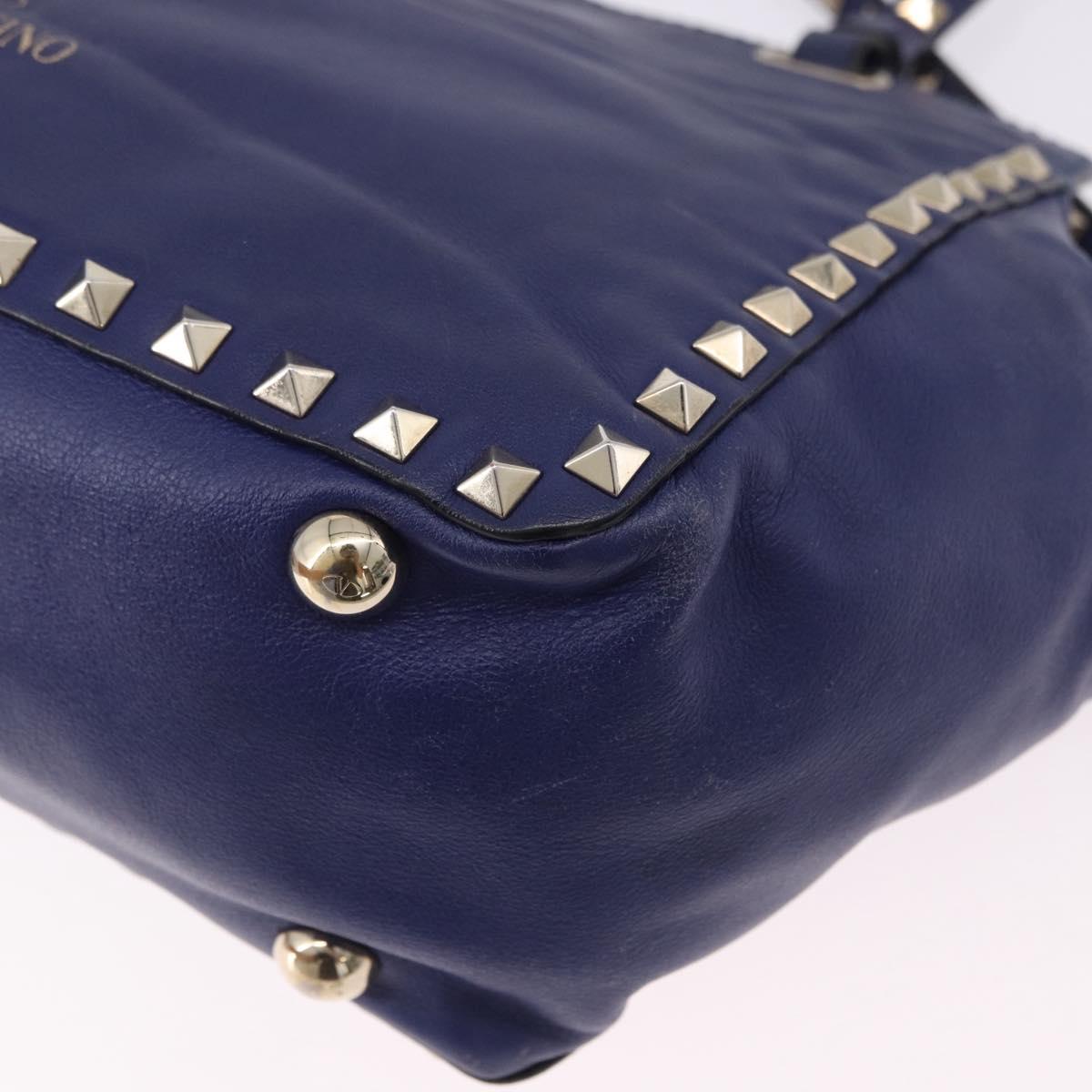 VALENTINO Studs Tote Bag Leather 2way Blue Gold Tone Auth BA14688