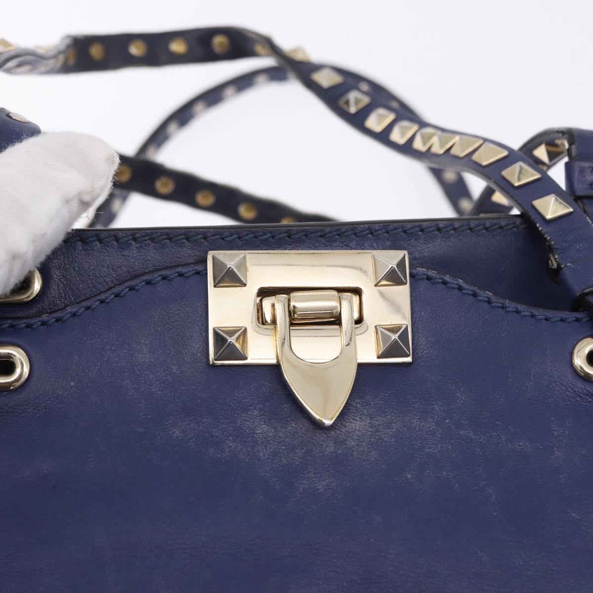 VALENTINO Studs Tote Bag Leather 2way Blue Gold Tone Auth BA14688
