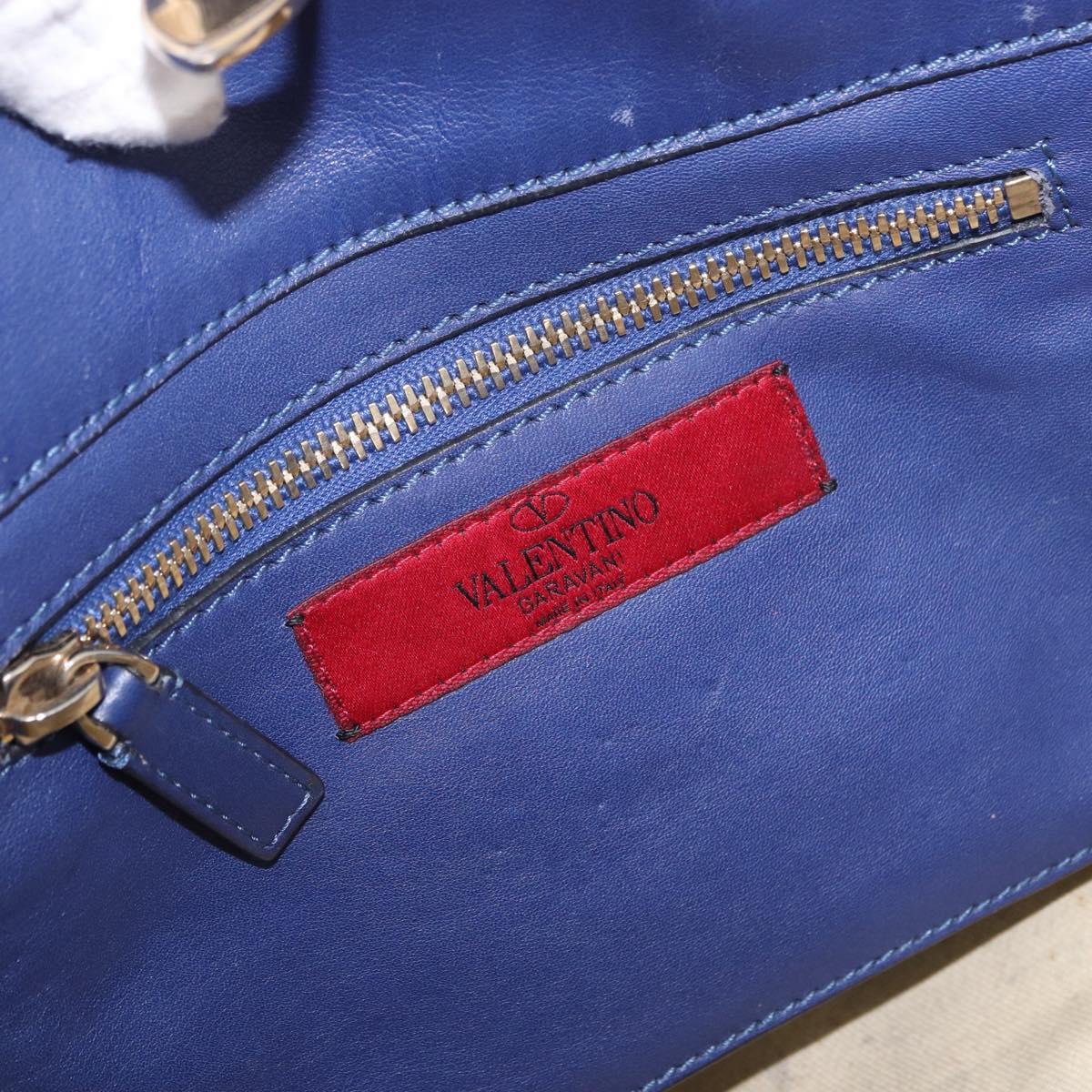 VALENTINO Studs Tote Bag Leather 2way Blue Gold Tone Auth BA14688