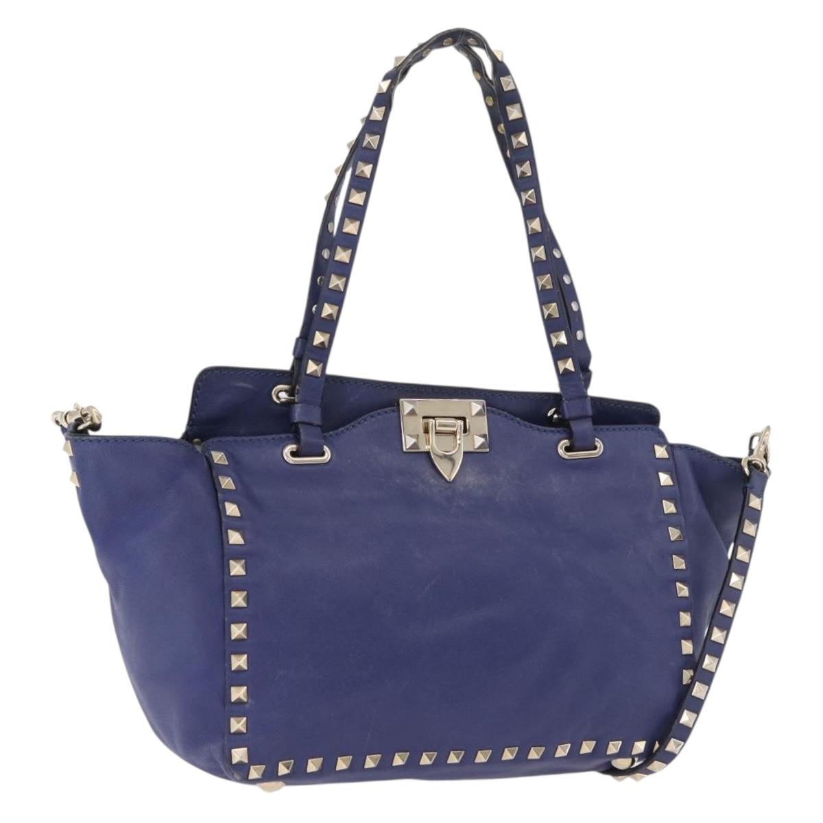 VALENTINO Studs Tote Bag Leather 2way Blue Gold Tone Auth BA14688