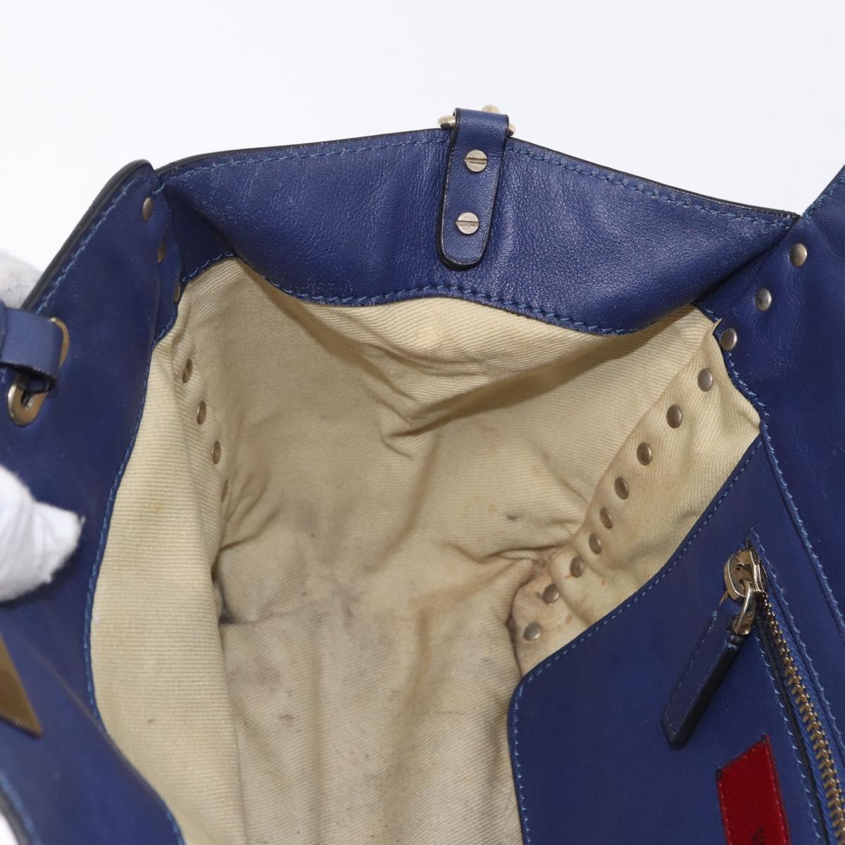VALENTINO Studs Tote Bag Leather 2way Blue Gold Tone Auth BA14688