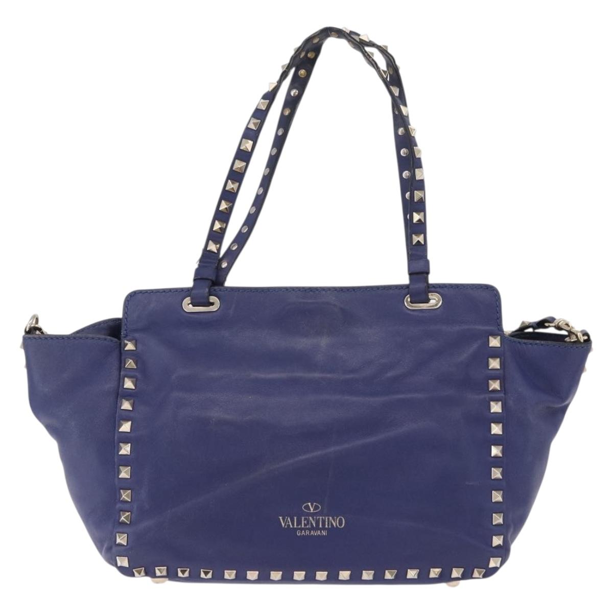 VALENTINO Studs Tote Bag Leather 2way Blue Gold Tone Auth BA14688