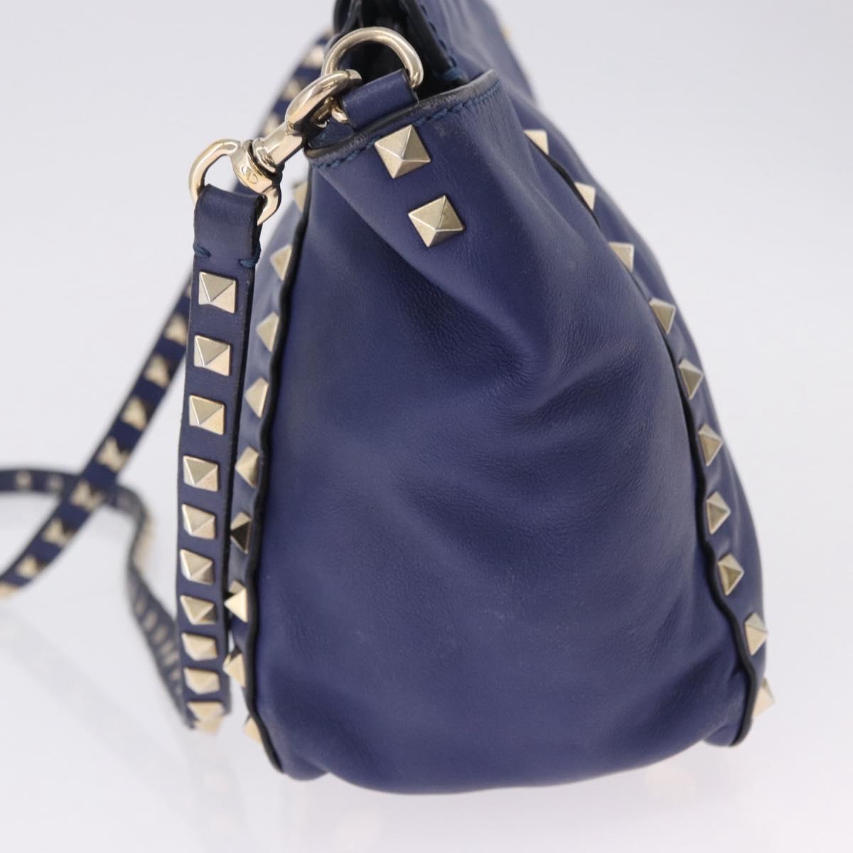 VALENTINO Studs Tote Bag Leather 2way Blue Gold Tone Auth BA14688