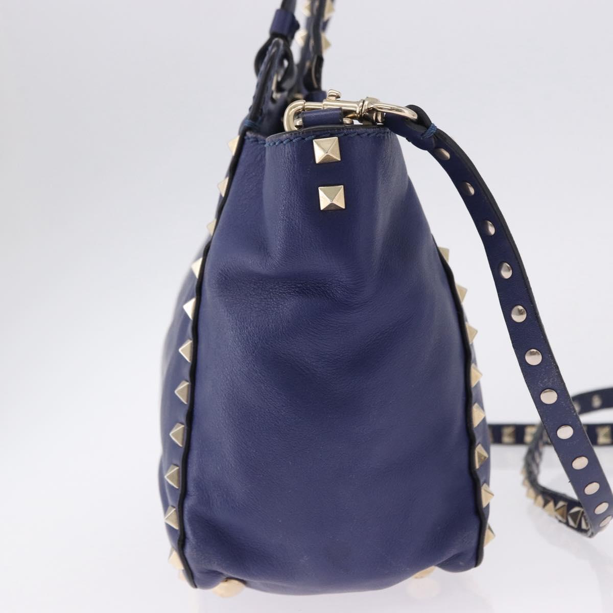 VALENTINO Studs Tote Bag Leather 2way Blue Gold Tone Auth BA14688