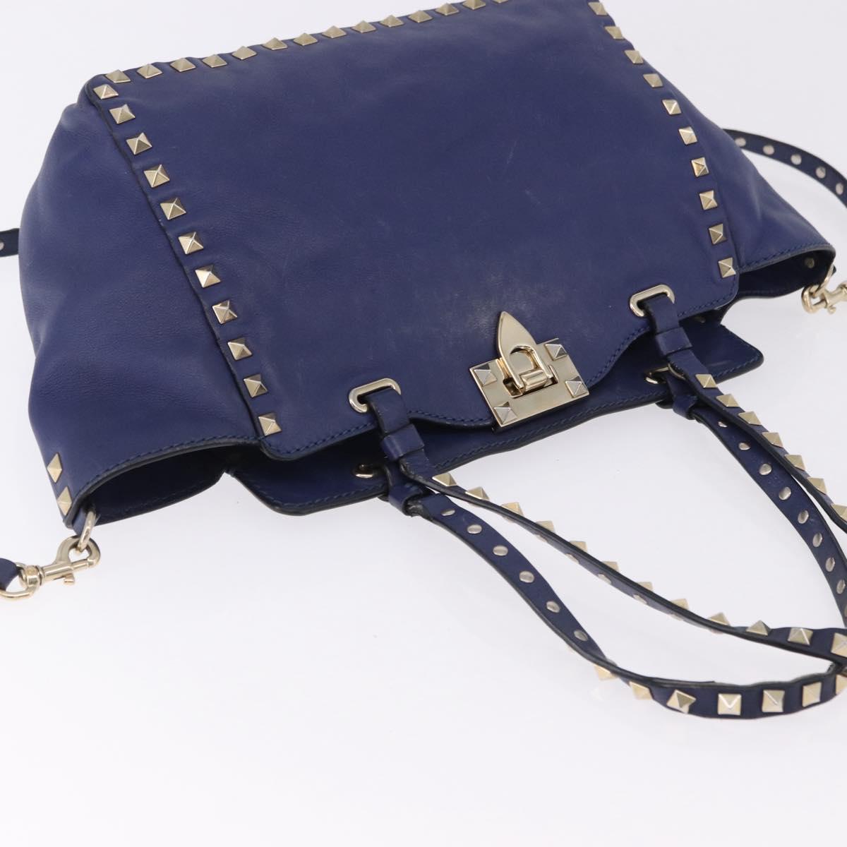 VALENTINO Studs Tote Bag Leather 2way Blue Gold Tone Auth BA14688