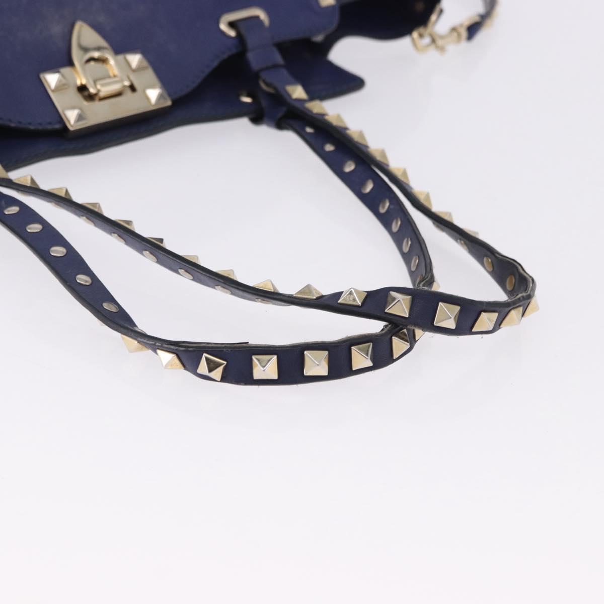 VALENTINO Studs Tote Bag Leather 2way Blue Gold Tone Auth BA14688