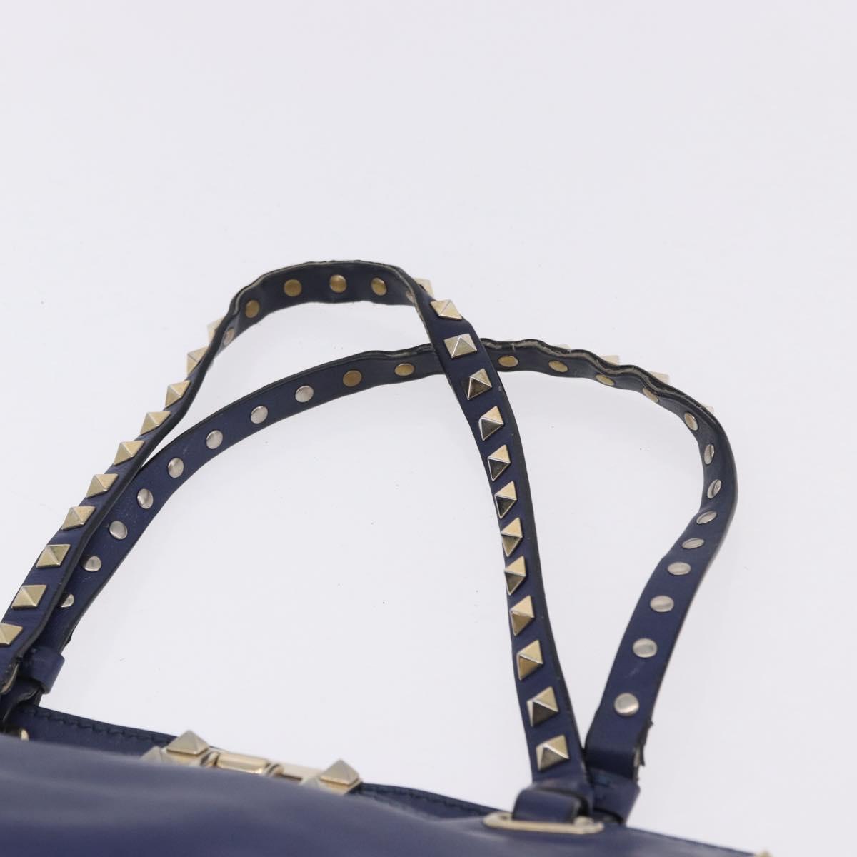 VALENTINO Studs Tote Bag Leather 2way Blue Gold Tone Auth BA14688