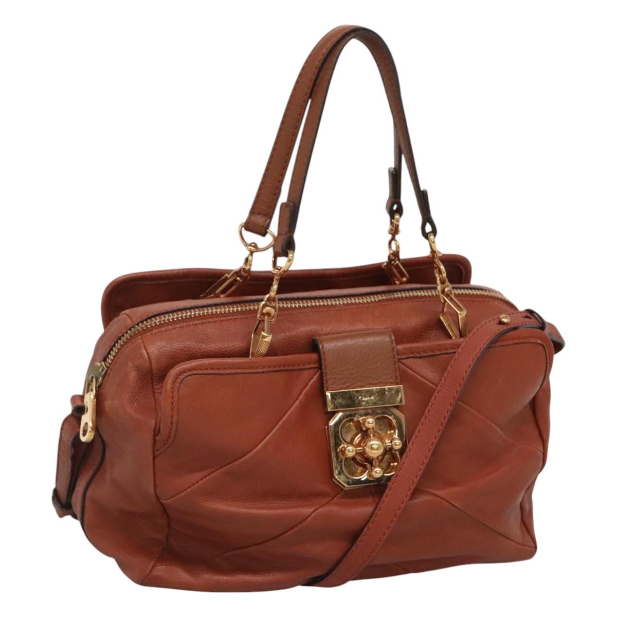 Chloe Elsie Hand Bag Leather 2way Brown Gold Auth BA1469