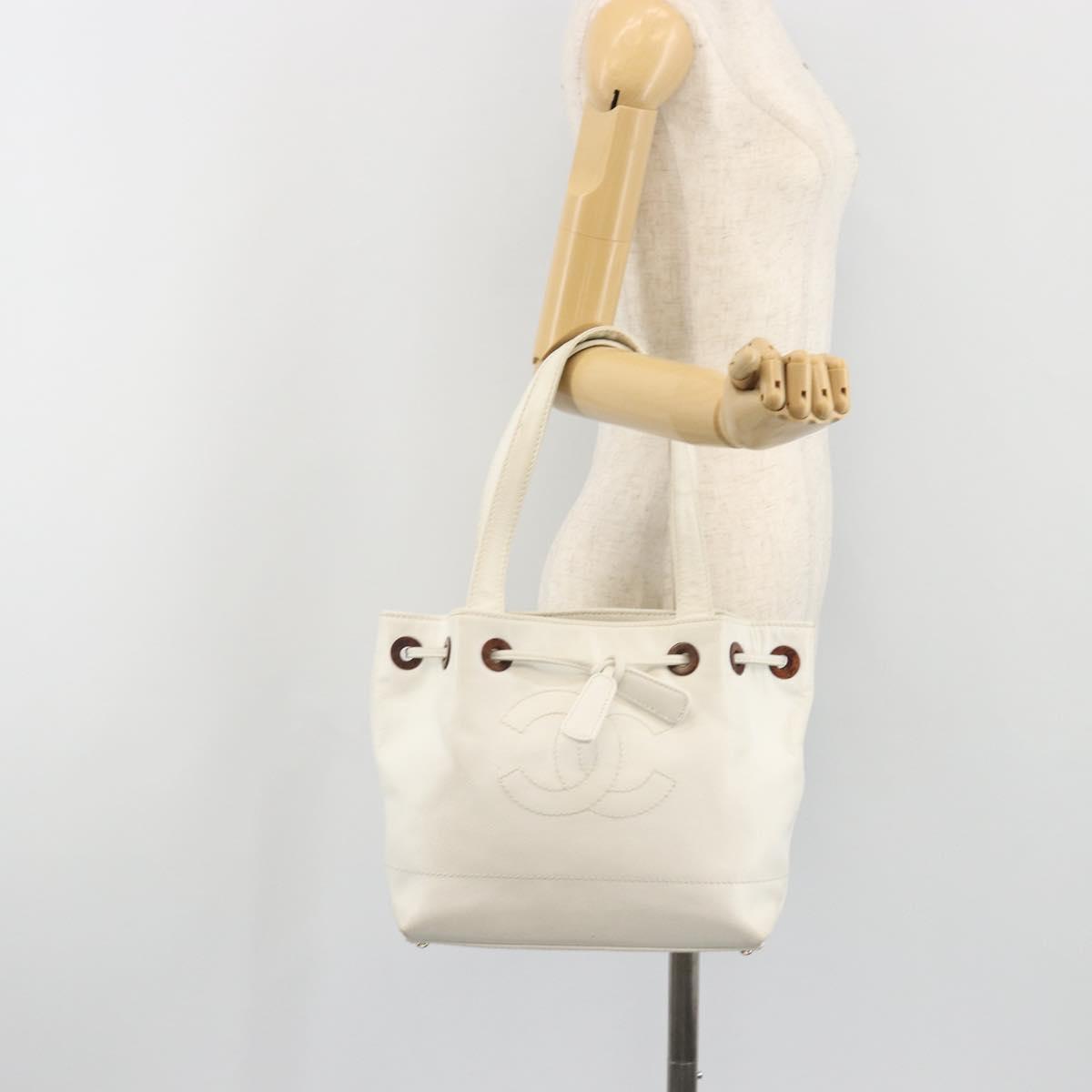 CHANEL Tote Bag Caviar Skin White Brown CC Auth BA14692